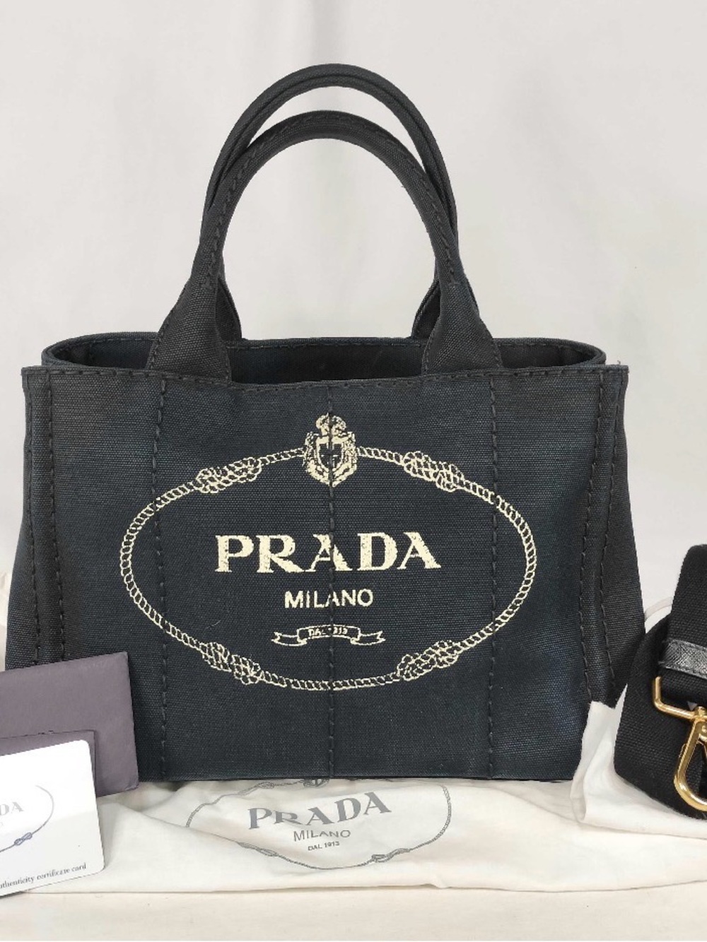 Prada Black Canapa Canvas Crossbody Tote with Gold Logo